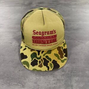 Vintage Seagrams Canadian Whisky Snapback Hat Trucker Camo Mesh USA Made Green